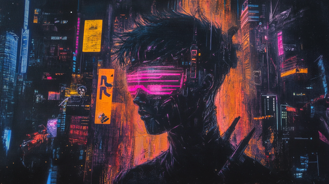 Mirage Cybernétique.
Portrait futuriste d'un homme avec des lunettes lumineuses, immergé dans une ville cybernétique vibrante et saturée de néons.
Futuristic portrait of a man with glowing glasses, immersed in a vibrant neon-saturated cyber city.