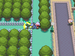 Screenshot of Pokemon HeartGold/SoulSilver with the player and pokemon performing a cut on a tree, opening a new path. "Letting the player unlock more paths (in the form of waypoints or shortcuts) is an interesting way to provide a sense of progress. It gives the player the feeling of reshaping the world for their convenience, giving them a sense of belonging to the world."