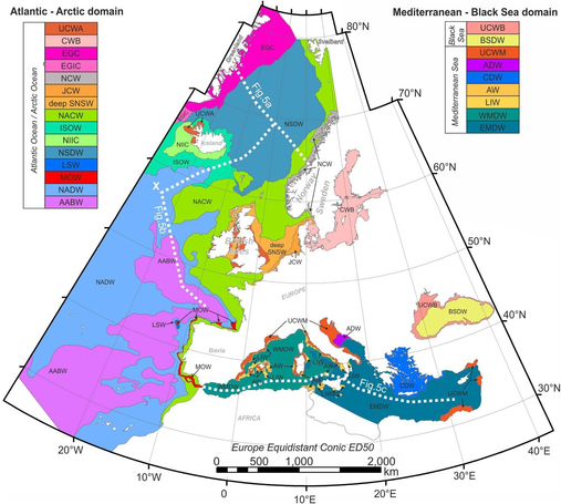New. Map of the seafloor water masses. Atlantic/Baltic Sea domain: (i) Deep water masses, North Atlantic Deep Water (NADW), Labrador Sea Water (LSW), Iceland Scotland Overflow Water (ISOW), and Denmark Strait Overflow Water (DSOW) lower NADW (lNADW) and upper NADW (uNADW); (ii) Upper Slope and Continental shelf water masses: North Atlantic Central Water (NACW), Jutland coastal water (JCW), Norwegian Coastal Water (NCW), North Icelandic Irminger Current (NIIC), Mediterranean Overflow Water (MOW), deep water mases of the Southern North Sea water (deep SNSW). Mediterranean/Black Sea domain: Western Mediterranean Deep Water (WMDW), Eastern Mediterranean Deep Water (EMDW), Levantine Intermediate Water (LIW), Atlantic Water (AW), Adriatic Deep Water (ADW), Cretan Deep Water (CDW). Black Sea: Black Sea Deep Water (BSDW), Cold Intermediate Water (CIW). White dot lines show location of the profiles shown in Figure 5 of the paper.