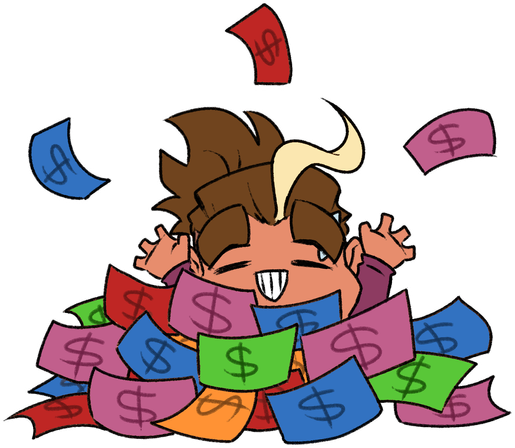A sticker of Zinthings in a pile of money, throwing their hands up and flinging some of the bills in the air. Bear in mind that the bills are multicolored because that's how they look in their home country of Australia.