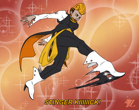 Apid Soldier Mellifera, a magical girl in a modified tuxedo, is launching a soccer kick at an unseen opponent while yelling "STINGER KICK!" She has tan skin and a brown-and-blonde pompadour. Her tux is comprised of a white shirt with flared sleeves, a black waistcoat with a long tail and fitted pants, a yellow cummerbund with streaming ribbons from two buttons on the band, finishing with a pair of white high-heeled boots.