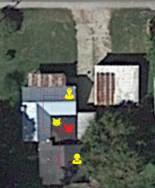 Birds-eye view of a house showing a cat, woman and man  as described in the post.