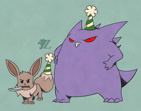 A drawing of two Pokemon, a fox/dog-like Eevee standing and staring at the viewer with a knife in its mouth and a party hat perched on the end of its fluffy tail. Next to it is a large, tall, round but spiky, and very purple Gengar standing with his hands on his hips and grinning a short, but evil smirk, while wearing a party hat of his own.