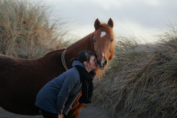 A horse and it's human standing in the grassy dunes. The horse is looking at the photographer, while the woman giving it a kiss.
