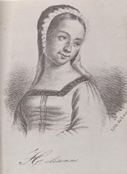 Portrait supposé d'Hélisenne de Crenne datant de 1835, réalisé par Laroche sous forme de lithographie. Le dessin montre une femme portant une robe à manches longues avec un col orné de motifs géométriques. Son visage est encadré par une coiffure élaborée, et son expression est calme et réfléchie. Le portrait est accompagné de la signature \"Lili de Lure\" sur le côté droit, ainsi que de son nom \"Hélisenne\" écrit en cursive sous l'image.