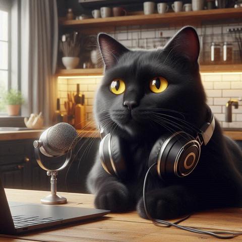 KI Bild. Schwarzer Kater mit gelben Augen sitzt an einem Küchentisch aus Holz vor einem Laptop und einem Mikro. Um den Hals trägt er große schwarze Kopfhörer.
