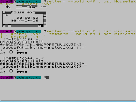A white-on-black user-space virtual terminal screen showing some coloured shell prompts: the shell running the setterm command to turn boldface on and off; and using cat to output a short ASCII listing with some PETSCII characters, and an example of the use of MouseText to draw a window frame and a running person.