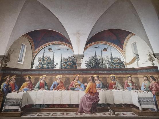 Monastère de San Marco, Florence. Fresque de la Cène, dans le réfectoire.
Le plafond voûté est prolongé dans la fresque.