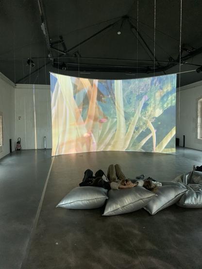 Salle d'exposition avec une toile sur laquelle est projeté une image avec des sortes d'algues. Devant des grands cousins argentés sur lesquels des personnes sont allongées.
