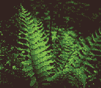 Photograph of a several fern fronds upright, pixelated Game Boy camera photo tinted green and brown
