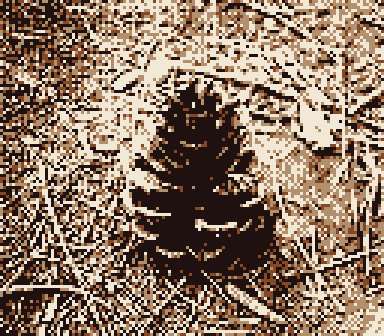 Photograph of a pine cone, pixelated Game Boy camera photo tinted brown