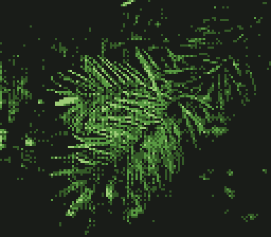 Photograph of pine needles on a branch, pixelated Game Boy camera photo tinted green