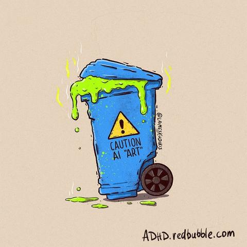 A blue trash bin, with fluorescent green/yellow substance dripping out of it, looking toxic. Sign on a bin side says "Caution. AI "art" 
Hand drawn illustration, loose cartoonish style, bright colors. Anti AI.