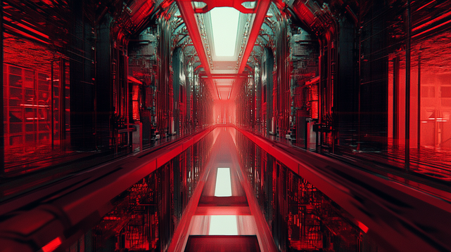 Noyau Rouge.
Perspective futuriste d'un couloir industriel cyberpunk, illuminé par une lueur rouge électrique.
Futuristic perspective of a cyberpunk industrial corridor, lit by an electric red glow.