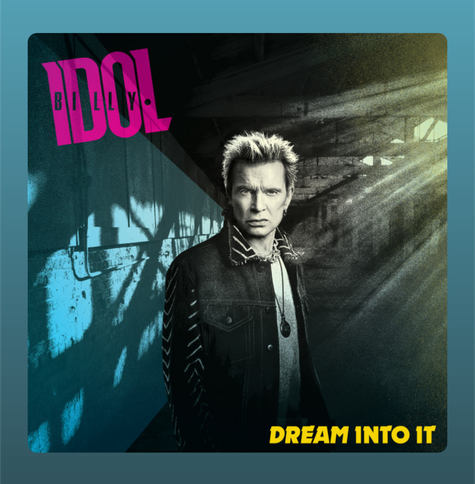 The album cover for Dream Into It by Billy Idol features a striking image of the artist standing in an industrial, shadowy setting. Billy Idol, with his iconic spiked blond hair and intense gaze, wears a dark, patterned jacket over a casual shirt, accessorized with a pendant necklace. The left side of the background is tinted in a cool blue, showcasing a wall with pipes and shadows, while the right side is bathed in golden light beams that pierce through the roof structure. The artist's name "BILLY IDOL" appears in bold, bright pink lettering in the top left corner, and the album title Dream Into It is written in vivid yellow at the bottom right. The overall design combines gritty urban elements with a dreamlike quality, reflecting the album’s theme.