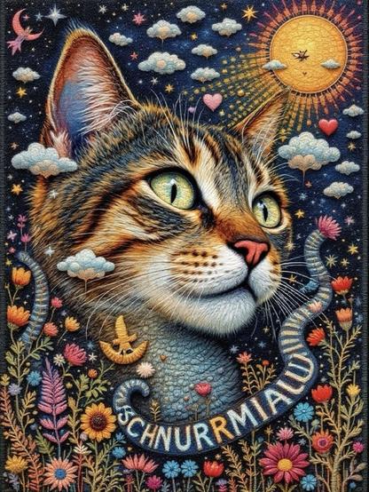 KI-Bild (Flux PRO  via NightCafe):

Ein stilisierter Katzenkopf vor Himmel mit Sonne und Wölkchen und umgeben von Fantasieblumen. Das Wort "Schnurrmiau" ringelt sich unterhalb des Katzengesichts.