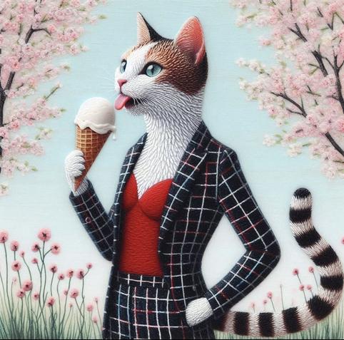 KI-Bild (DALL•E3):

Das Katz im eleganten schwarzen Anzug mit weißen Karostreifen und knallrotem Top. Sie schleckt ein großes Eis unter blühenden Obstbäumen und guckt lecker zufrieden.