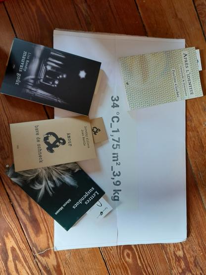 Une photo des livres de la chèvre avec de haut en bas et de gauche à droite 
:
-Après l'identité de Pauline clochec 
-Mauvais goût de Lisa randin 
-Amour et bave de schneck de Joan Nestle et Dorothy Alisson 
-Lettres suspendues de Sihem Mazan 
Et dessous une enveloppe contenant pleins de poster et avec écrit dessus : 34°C_1,75m2_3,9kg