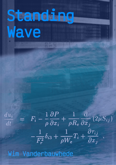 Cover of my novella Standing Wave. It shows a picture of a BESM-6 computer and a huge wave, and a complicated equation. The overall colour is blue.