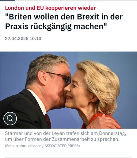 London und EU kooperieren wieder
"Briten wollen den Brexit in der Praxis rückgängig machen"
27.04.2025 10:13
Starmer und von der Leyen trafen sich am Donnerstag, um über Formen der Zusammenarbeit zu sprechen.
(Foto: picture alliance / ASSOCIATED PRESS)🖖