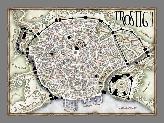 A fantasy map showing a walled town of moderate size.