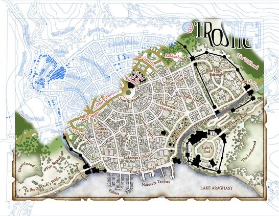 A version of the same fantasy map as the other image in this post, this time with layers "peeled back" to show how the map was drawn, colored, and textured.