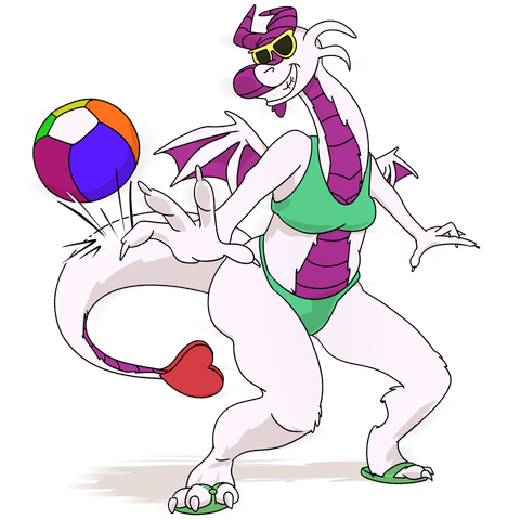 a dragon bouncing a beach ball of their tail