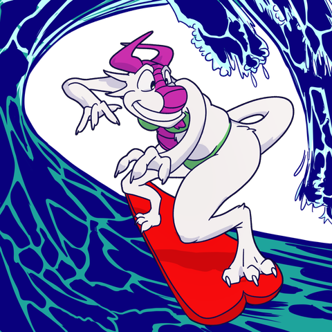 a dragon surfing using the heart gem at the end of their tail