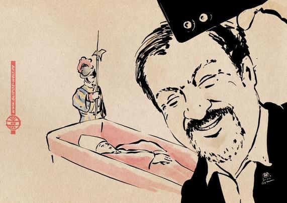 Illustration eines lachend in die Selfiekamera blickenden Söder vor dem aufgebahrten Papst Franziskus.