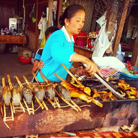 Photo shows a Khmer woman tending to a BBQ grill with miscellaneous food items. Hiding behind the woman with only an eye on the photographer and an arm at the lady’s hip. They have both light blue clothes and black trousers. The food is snakefish, chicken, pork belly, and chicken feet.  On the side there are various vegetables meant for the traditional Khmer meals. In the background there is a room with kitchen items and living room furniture.