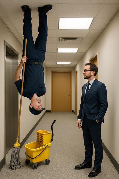 In an office hallway, a man in a suit is standing on the floor, and looking at a janitor who is standing in the ceiling.