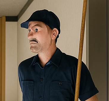 Detail of the janitor's head and upper body, rotated 180° so it's oriented the right way. It's now evident that his facial features are grossly distorted.