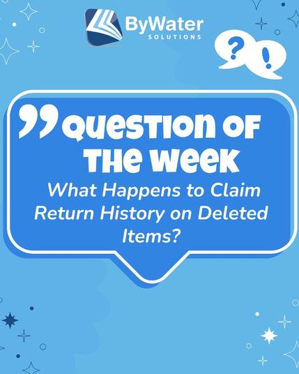 Speech bubble with the week's ByWater Question of the Week "What happens to claim return history on deleted items?"