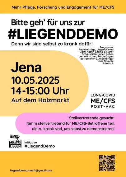 Bitte geh' für uns zur
#LIEGENDDEMO
Denn wir sind selbst zu krank dafür!
Jena, 10.05.2025, 14-15:00 Uhr, Holzmarkt
