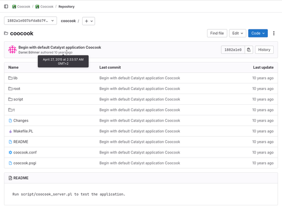 Screenshot of GitLab page showing the repository at the first commit showing "Daniel Böhmer authored 10 years ago" and a tooltip showing the date April 27, 2015