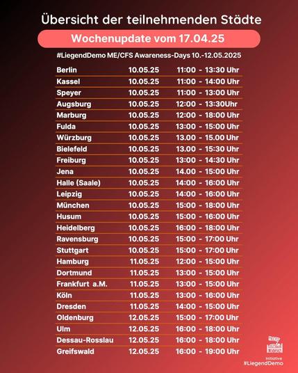 Übersicht der teilnehmenden Städte
#LiegendDemo ME/CFS Awareness-Days 10.-12.05.2025
Berlin
Kassel
Speyer
Augsburg
Marburg
Fulda
Würzburg
Bielefeld
Freiburg
Jena
Halle (Saale)
Leipzig
München
Husum
Heidelberg
Ravensburg
Stuttgart
Hamburg
Dortmund
Frankfurt a.M.
Köln
Dresden
Oldenburg
Ulm
Dessau-Rosslau
Greifswald