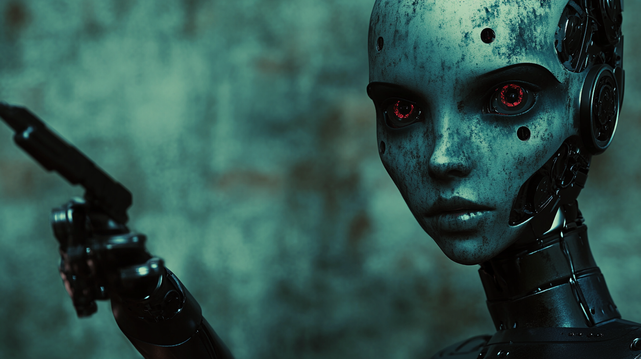 Mariée Mécanique.
Portrait détaillé et sombre d’une androïde féminine au regard rouge incandescent et à l’aspect usé, pointant du doigt dans un décor industriel flouté.
Moody close-up of a female android with glowing red eyes and a worn finish, pointing amid a blurred industrial backdrop.