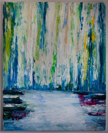 The acrylic painting shows an abstract landscape reminiscent of a lake with a line of trees in the background, depicted with layered vertical lines. The painting is heavily colored in shades of white and blue, with some green and yellow lines in between.