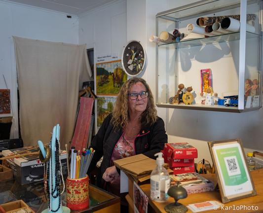 A woman behind the counter of an antique store.