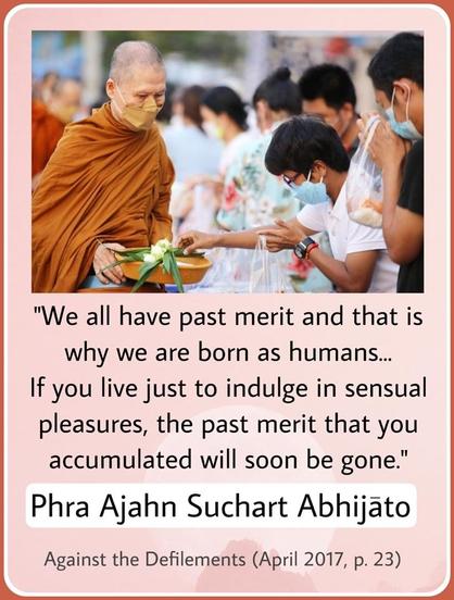 We all have past merit and that is why we are born as humans.... If you live just to indulge in sensual pleasures, the past merit that you accumulated will soon be gone.
~Ven. Ajahn Suchart