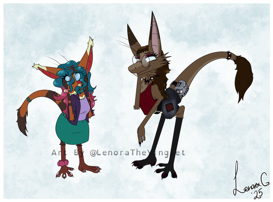 A light brown coloured yinglet (Lenora Barkley) with blue hair covering her cheeks, her cheeks and ears blushing bright red in response to a darker brown coloured punk yinglet (Lenora G), paw resting under her snout looking rather smugly down at her. Seems she said something flattering!