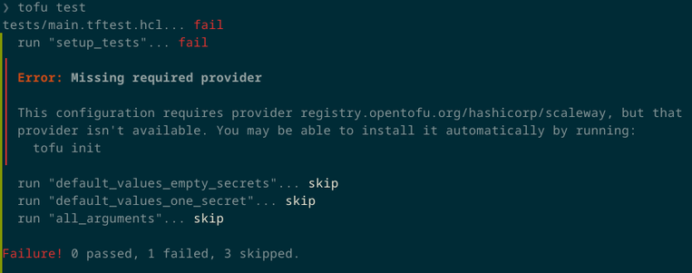 Screenshot of a terminal showing an error message returned by OpenTofu about a missing provider which actually doesn't exist.