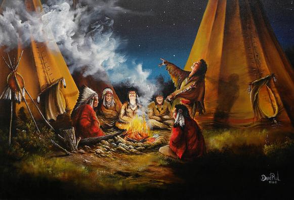 A group of six Native Americans sitting around a smoking camp fire. One of them is shown gesticulating as he tells the others a story.