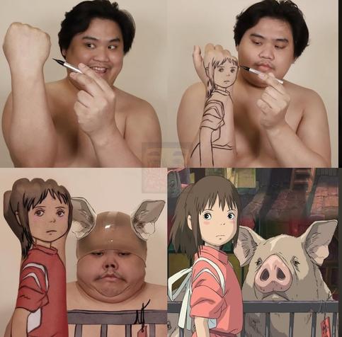 La imagen presenta una secuencia de cuatro fotos de una persona que participa creativamente en el arte corporal, por decirlo de alguna forma, Las dos primeras fotos muestran al individuo dibujando un personaje animado en su brazo. La siguiente foto muestra a la persona que lleva una gorra de plástico con orejas de dibujos animados.