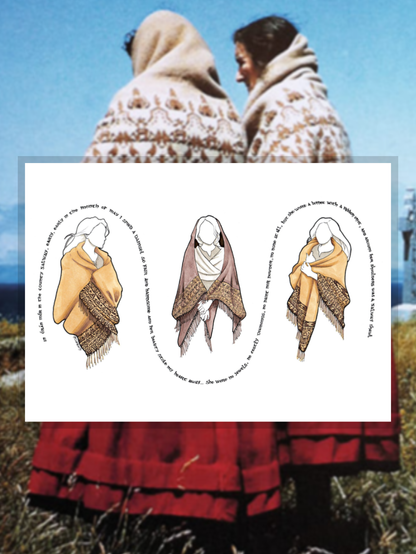 Image of my Galway shawl print (with some of the lyrics to the song of the same name) overlaid on a background of a photograph showing two women wearing Galway shawls.