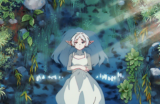 Frieren lying in the water of what looks like a small pond contemplating life and stuff