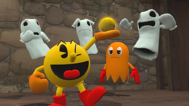 Pac-Man holds a Power Pellet with Clyde and the three unknown ghosts in the background.