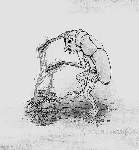 Black and white illustration of a human-insect wizard throwing rays to plants.