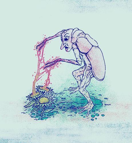 Color illustration of a human-insect wizard throwing rays to plants.