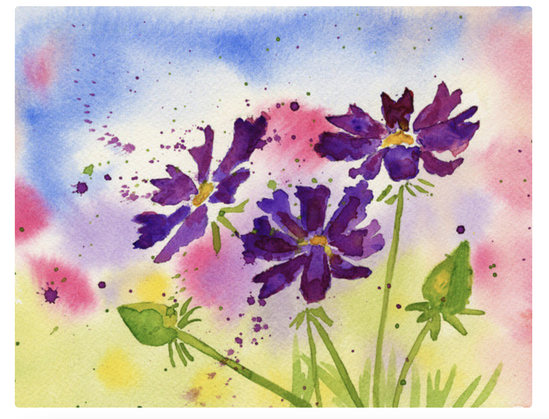 This contemporary artwork captures the delicate beauty of Cosmos blooms with soft, flowing brushstrokes and a fresh color palette. Ideal for adding a touch of nature and elegance to any space, this unique piece of floral art blends modern style with the timeless charm of watercolor techniques.

Purple Cosmos flowers and buds against an abstract background in sunny colors of red, blue, and yellow. The addition of splatters creates a sense of movement, such as a gentle breeze blowing over the plants. Sunny and bright, you will be instantly transported to a warm summer day.